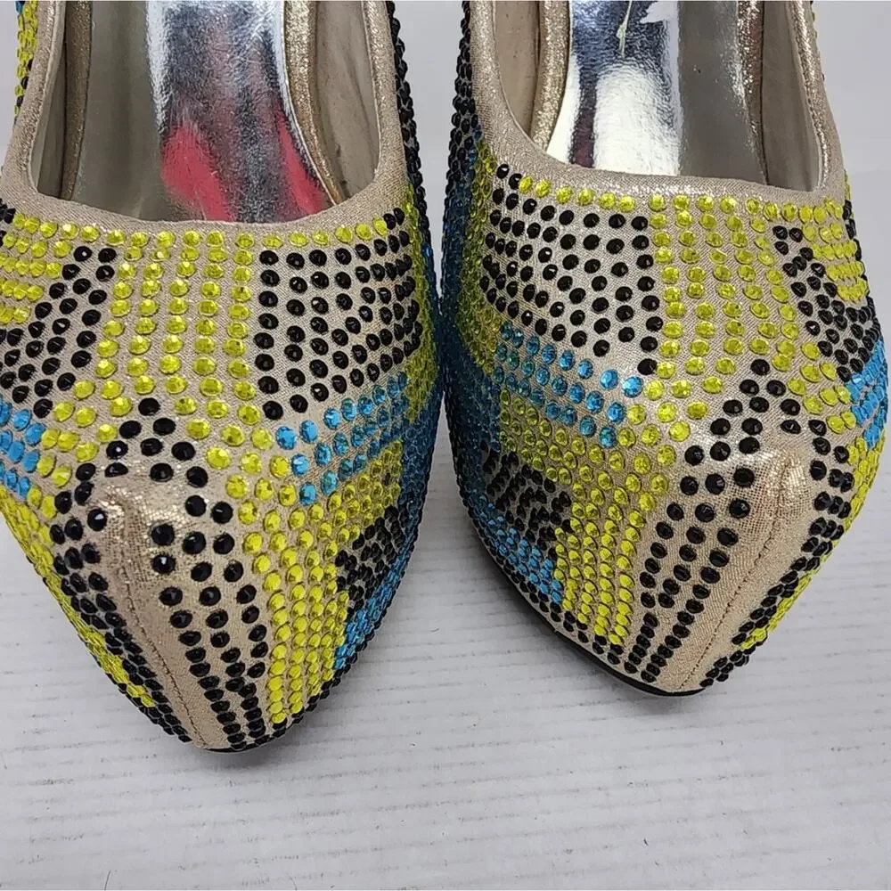 Machi Estina Rhinestine Stilettos Platform Heels Yellow‎ Black Blue Party Sz 5.5